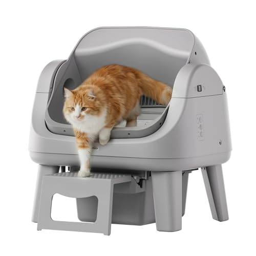 PetPivot Open Top Self Cleaning Cat Litter Box, Automatic Litter Box with 7 Pairs of Safety Sensors, Anti-Pinch Protection and Easy Access Step for Senior Cats, Dark Grey
