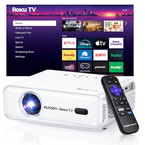 Aurzen Roku TV Smart Projector with Wifi and Bluetooth, Roku TV Built-in, 1080P FHD, DoIby Audio, Auto Focus & Keystone, Zoom, Movie Portable Outdoor Mini Projector for Soccer Football Game, White