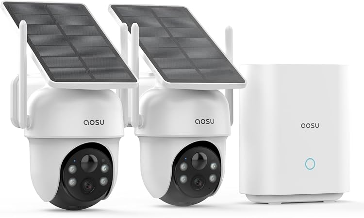 aosu D1 Classic 2-Cam Kit, Security Cameras Wireless Outdoor, Solar Powered | No Subscription Required, 32GB Build-in Storage, 360° Auto Tracking, Solar Powered, 3MP Color Night Vision, Easy Install