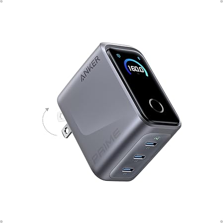 Anker Prime Charger,160W 3-Port Compact GaN USB C Charger,Smart Display and Touch Control,Up to 140W Single‑Port Fast Charging,for MacBook Pro,Laptop,iPhone 17 Series