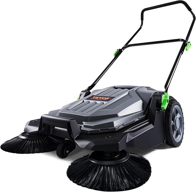 VEVOR Walk-Behind Hand Push Floor Sweeper, 25.6" Sweeping Width Floor Sweeper Manual Non-Electric, 5-Gallon Waste Container, Angle & Height Adjustable Folding Handle for Walkway, Yard, Garage, Patio