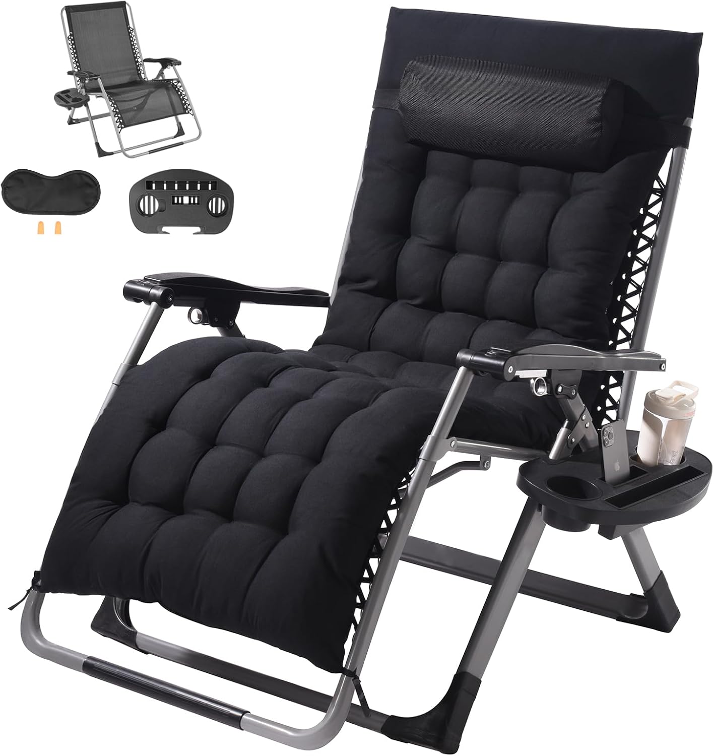 VEVOR Zero Gravity Chair, 26 inch Zero Gravity Recliner Lounge Chair for Indoor and Outdoor, Adjustable Anti Gravity Chair with Cushion, Headrest, Footrest, and Cupholder, 500 lbs, Black